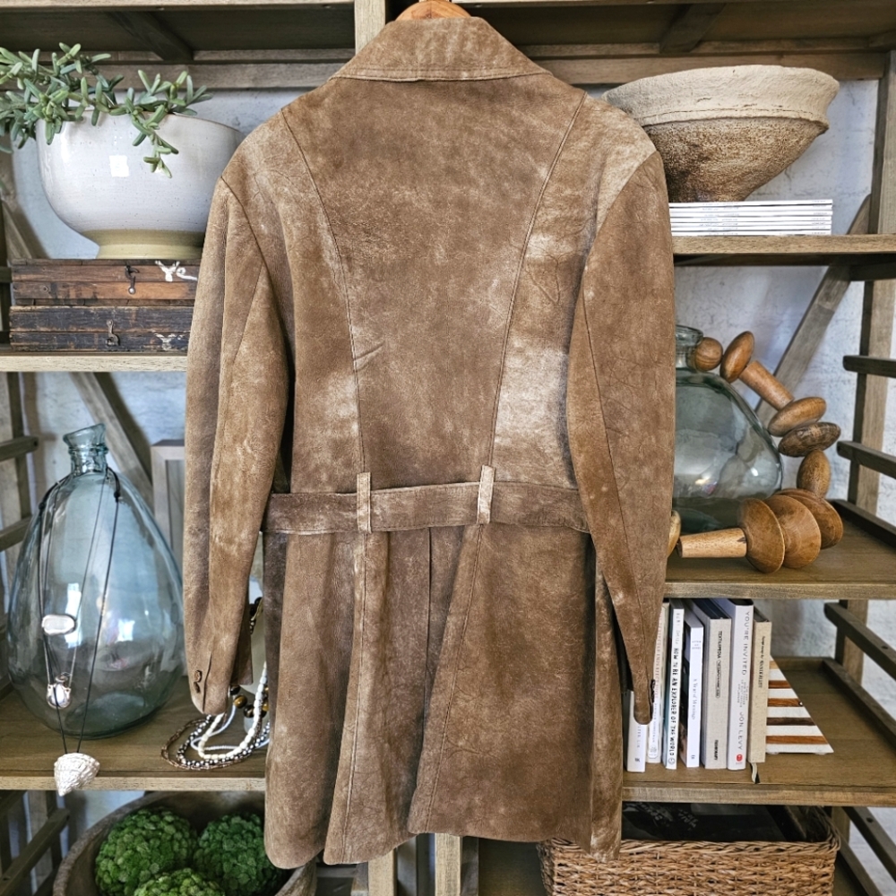 Vintage 70s Handmade Buckskin Suede Trench Coat Natural Undyed Leather Unisex - Picture 2 of 8